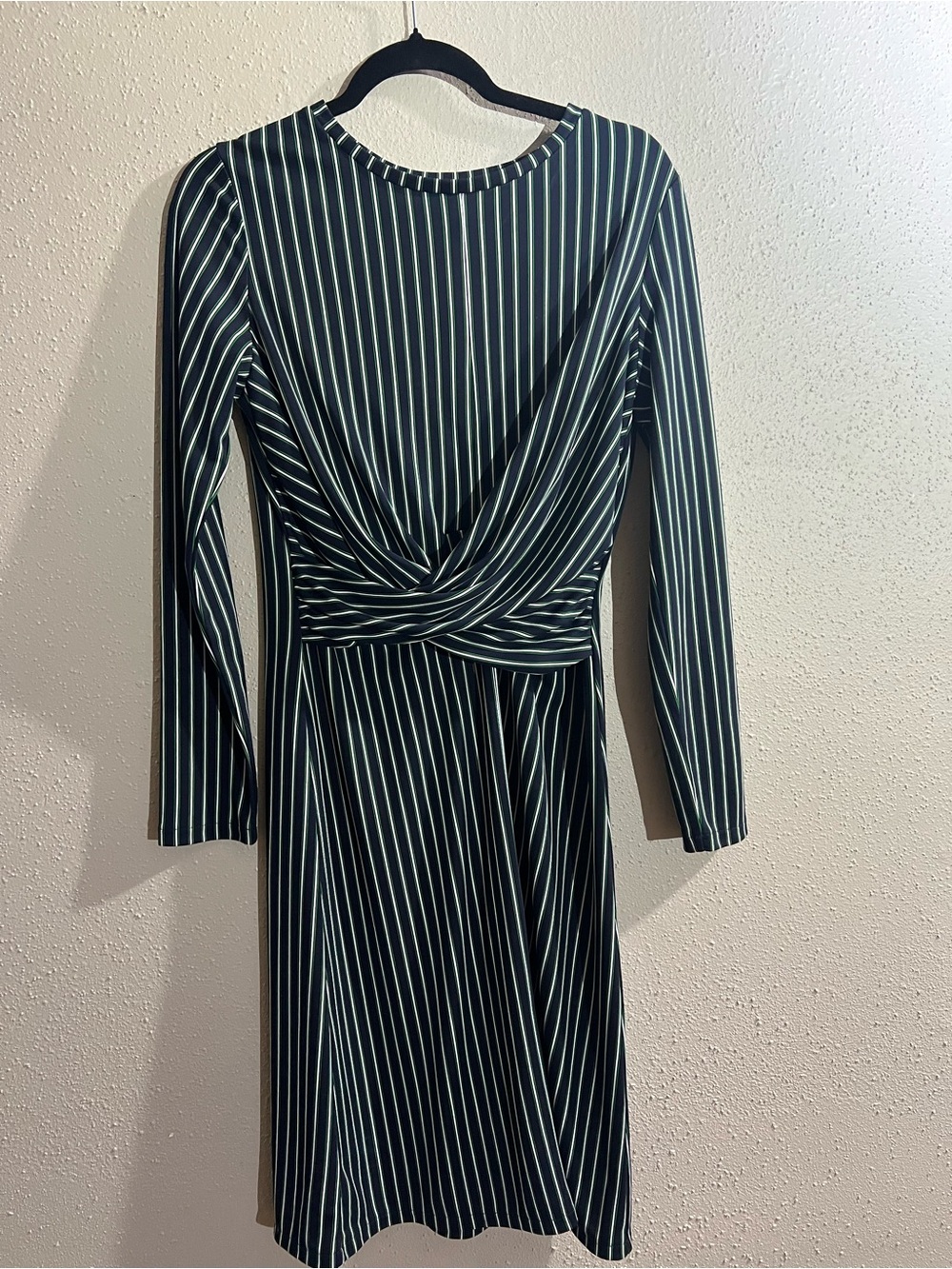 Ann Taylor Dark Green and White Striped Long-Sleeve Twist-Waist Dress
